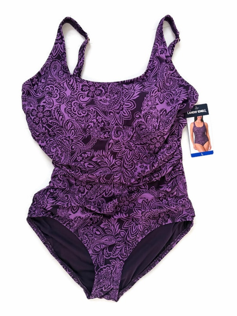Lands' End Purple Floral-Print One-Piece Swimsuit - NWT - Women’s size Large